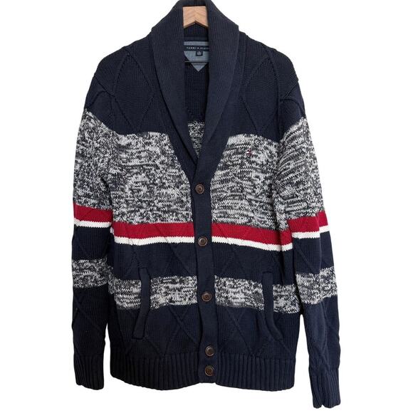Tommy Hilfiger DarkAcademia Preppy Y2K Cardigan Navy Red Marled Knit Sweater XL - Picture 2 of 12